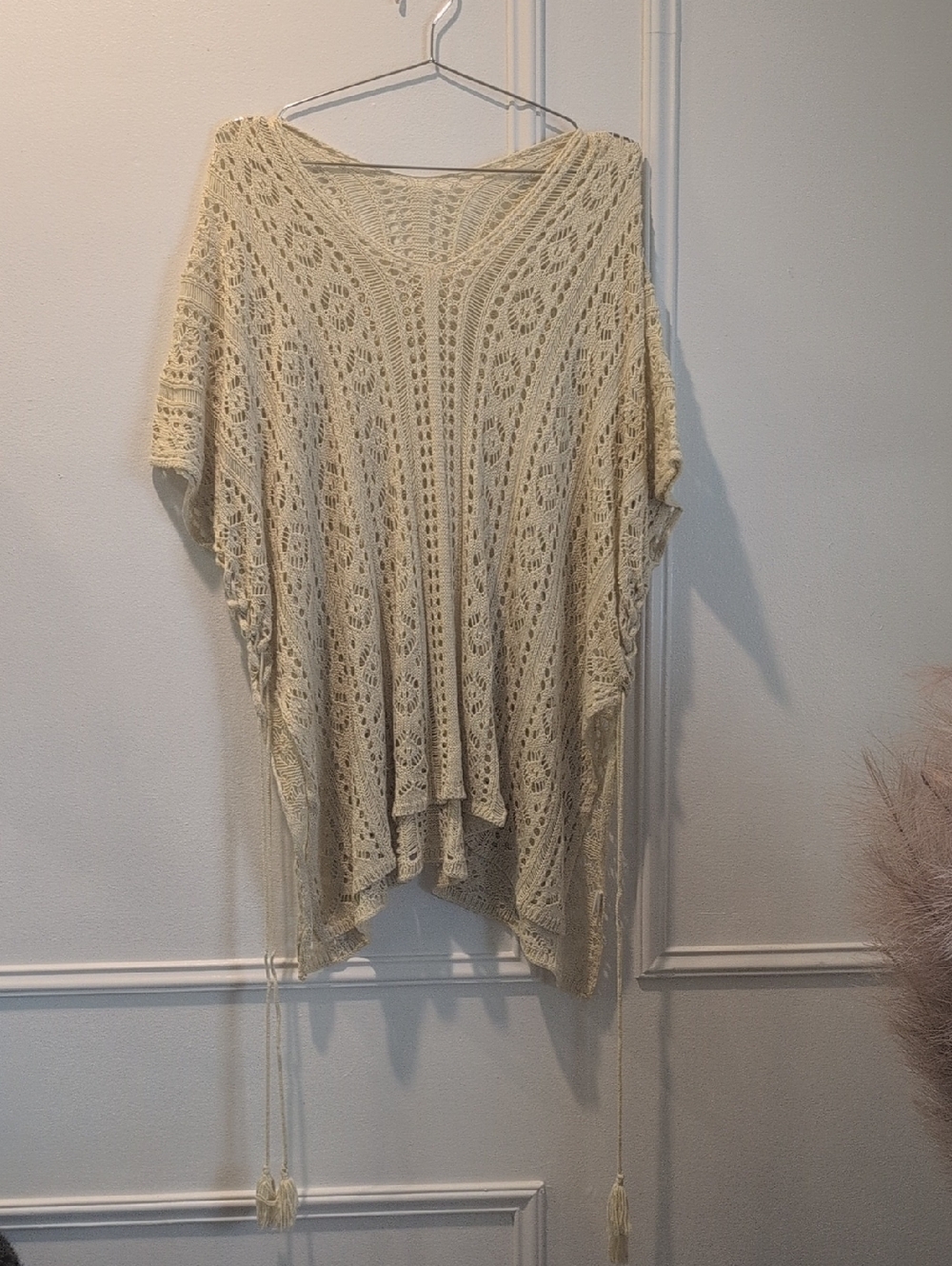 Open-Knit V-Neck Poncho Sweater in Cream